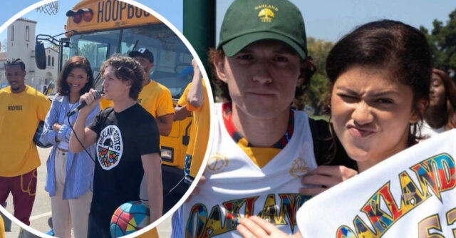 Zendaya and Tom Holland visit schools and play basketball